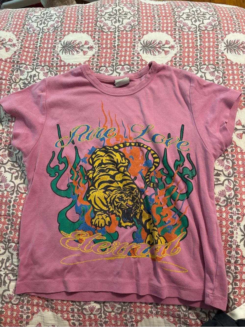 Urban Outfitters Pink Graphic Tiger Tee with Yellow & Green Print